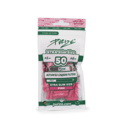 Purize Xtra Slim Pink Aktivkohlefilter – 50 Stück im Beutel mit pinken Keramikkappen und Kokos-Aktivkohle zur Schadstofffilterung
