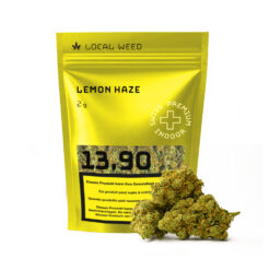 Hochwertige CBD-Blüten der Sorte Lemon Haze in 2g – hellgrün mit orangefarbenen Härchen und glänzenden Trichomen, Swiss Made.