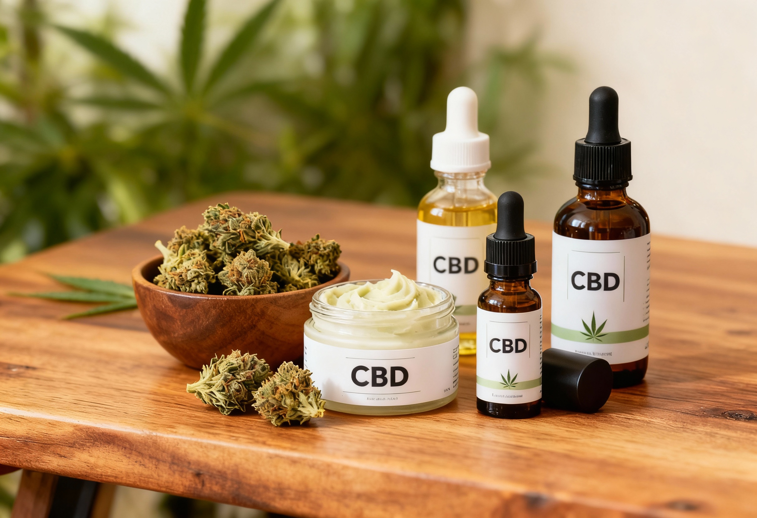 Verschiedene CBD-Produkte wie Blüten, Öle und Kosmetik stehen auf einem Holztisch.