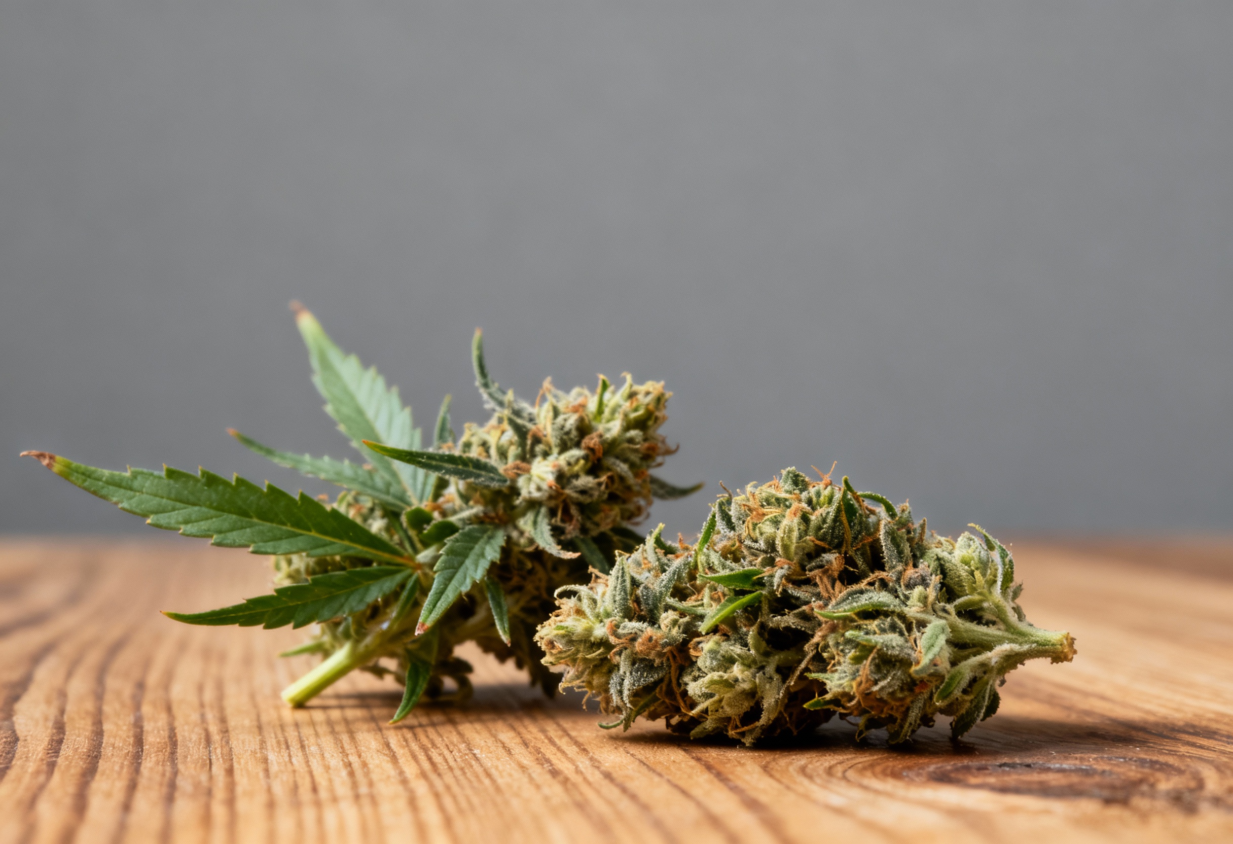 CBD-Blüten auf einem Holztisch, Nahaufnahme der getrockneten Hanfblüten 