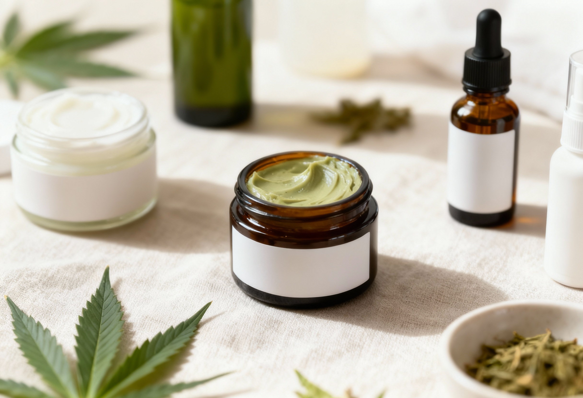 „CBD-Kosmetikprodukte in Braunglas- und Cremebehältern, umgeben von Hanfblättern, auf einem hellen Tuch arrangiert.“