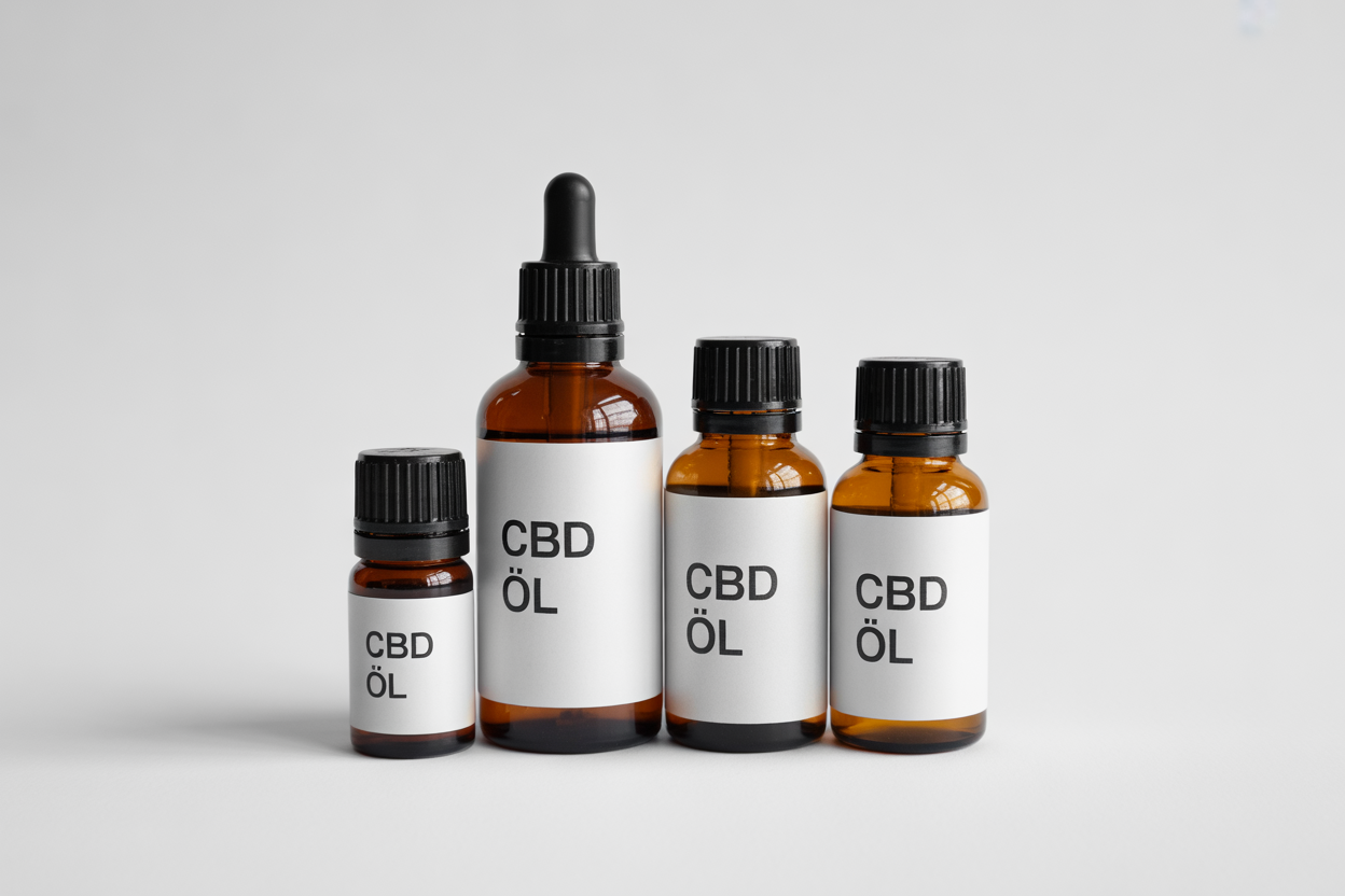 Braune CBD Öl Glasfläschchen in unterschiedlichen Grössen vor hellem Hintergrund.