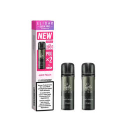ELFBAR ELFA Pro V2 Juicy Peach Pods with 20 mg nicotine salt in a pack of 2 with sweet peach flavor.