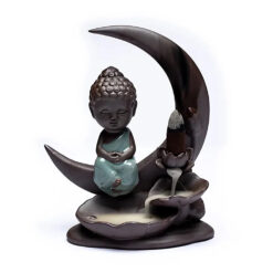 Rückfluss Räucherschale Buddha auf Mond aus Keramik für Rückfluss-Räucherkegel mit Wasserfall-Raucheffekt.