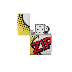 Zippo Feuerzeug aus Metall mit farbenfrohem Comic Design und Klappdeckel.